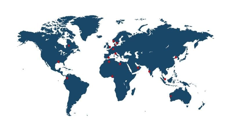 Map of the world with the points marked to some of the locations where Proeon has done work before
